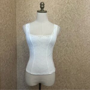 VTG Y2K 90s White Cream Lace Trim Square Neck Fitted Tank Top